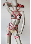 Kırmızı Seksi Elastik Jartiyer Harness Takım