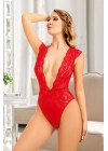 Kırmızı Yarım Kol Dantel Bodysuit - 896