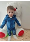 9-12-18-24 Ay Kot Kumaş Kapşonlu Uzun Kol Sweatli Kot Kumaş 3lü Erkek Bebek Takımı Mavi