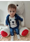 9-12-18-24 Ay Kot Kumaş Kapşonlu Uzun Kol Sweatli Kot Kumaş 3lü Erkek Bebek Takımı Mavi