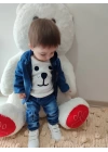 9-12-18-24 Ay Kot Kumaş Kapşonlu Uzun Kol Sweatli Kot Kumaş 3lü Erkek Bebek Takımı Mavi