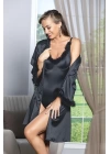 Kuşaklı Mini Boy Saten Sabahlık Siyah  (brf11500)