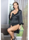 Kuşaklı Mini Boy Saten Sabahlık Siyah  (brf11500)