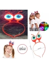 Led Işıklı  Pilli 3 Farklı Modda Yanan Uzaylı Göz Parti Tacı Kırmızı Renk 18x12 Cm
