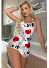 Love Desenli Beyaz Saten Gecelik
