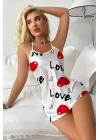 Love Desenli Beyaz Saten Gecelik