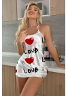 Love Desenli Beyaz Saten Gecelik