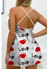 Love Desenli Beyaz Saten Gecelik