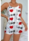 Love Desenli Beyaz Saten Şortlu Gecelik Takım