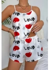 Love Desenli Beyaz Saten Şortlu Gecelik Takım