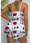 Love Desenli Beyaz Saten Şortlu Gecelik Takım