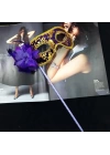 Lüks Taşlı Saplı Maskeli Balo Maskesi Mor Renk 35 cm
