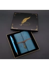 Metal Kalem ve Mavi Deri Defter