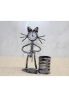 Metal Saksafon Çalan Kedi Müzisyen Saat Ve Kalemlik Alk4343