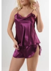 Mor Saten Babydoll Şortlu Takım - 330