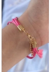 Pembe Zirkon Taşlı İpli Püskül Detay Çoklu Bileklik - TJ-BB6360