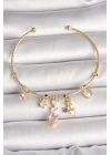 Pirinç Gold Renk Sallantı Zirkon Taşlı Kalp Figür Pembe Kalp Detay Charm Kadın Bileklik - TJ-BB6897