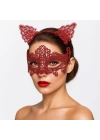 Romantik Kırmızı Dantel Maske Seti – Kedi Kulaklı Taç Ve Maske 3 No