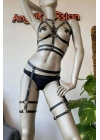 Siyah Deri Fantezi Jartiyer Harness Takım - Brf455