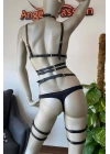 Siyah Deri Fantezi Jartiyer Harness Takım - Brf455