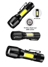 Ultra Çift Yönlü Güçlü Pilli Led El Feneri 2000 Lümen 6W Cob Led Su Geçirmez Zoomlu 3 Modlu