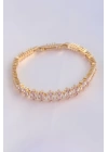 Vip Seri Pirinç Pembe Zirkon Taşlı Gold Renk Baget Model Bileklik - TJ-BB6078
