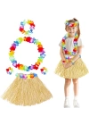 Yetişkin Çocuk Hawaii Parti Seti - 40 Cm Naturel Etek + Çiçek Aksesuarlar (5 Parça)
