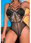 Zincirli Siyah Deri Göğüs Harness - Brf823