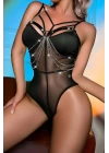 Zincirli Siyah Deri Göğüs Harness - Brf823