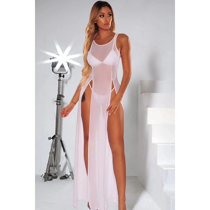 Beyaz Yanlardan Yırtmaçlı Uzun Fantezi Sexi Fantezi Gecelik Model 68000b