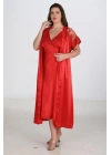 2li Kırmızı Sabahlık Takımı Bigsize 6226