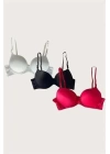 Beyaz-siyah-kırmızı 3lü Mikro Kumaş Push Up Dolgulu Balenli Günlük Destekli Sütyen