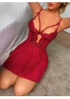 Bordo Dantel İşlemeli Göğüs İp Detaylı Fantezi Tül Gecelik Takımı