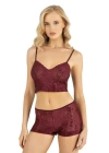 Bordo Saten Şort Takımı 9219