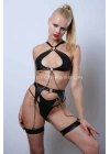 Deri Fantezi İç Giyim Takım, Şık Deri Harness Set, Club Wear - Apft1330