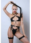 Deri Jartiyer Harness Takım, Deri Sütyen Takım, Kırbaçlı Deri Fantezi Giyim - Brf1363