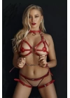 Fantezi Sütyen Külot Kelepçeli Kırmızı Harness Set