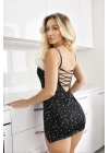 Göğüs Kısmı Peluş Detaylı Yıldız Desenli Mini Seksi Gecelik