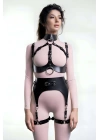 Halkalı Göğsü Açık Deri Jartiyer Harness Takım - Brf1231