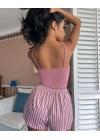 Kadın Bebe Mavisi Çizgili Desen Askılı Şortlu Pijama Takım