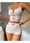 Kadın Beyaz Kalpli Askılı Şortlu Pijama Takım 6655