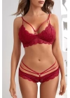 Kadın Bordo Dantelli Harness Sütyen Külot Takım