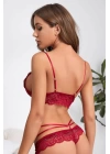 Kadın Bordo Dantelli Harness Sütyen Külot Takım