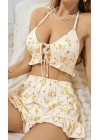 Kadın Çiçekli Ekru Askılı Şortlu Pijama Takım 6646