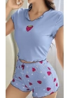 Kadın Çilek Desenli Bebe Mavi Seksi Gecelik Takım 6638