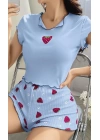 Kadın Çilek Desenli Bebe Mavi Seksi Gecelik Takım 6638