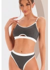 Kadın Gri Antrasit Kaşkorse Ve Beyaz Lastikli Cut-out Tanga Külotlu Takım