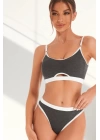 Kadın Gri Antrasit Kaşkorse Ve Beyaz Lastikli Cut-out Tanga Külotlu Takım