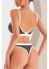Kadın Gri Antrasit Kaşkorse Ve Beyaz Lastikli Cut-out Tanga Külotlu Takım