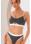 Kadın Gri Antrasit Kaşkorse Ve Beyaz Lastikli Cut-out Tanga Külotlu Takım